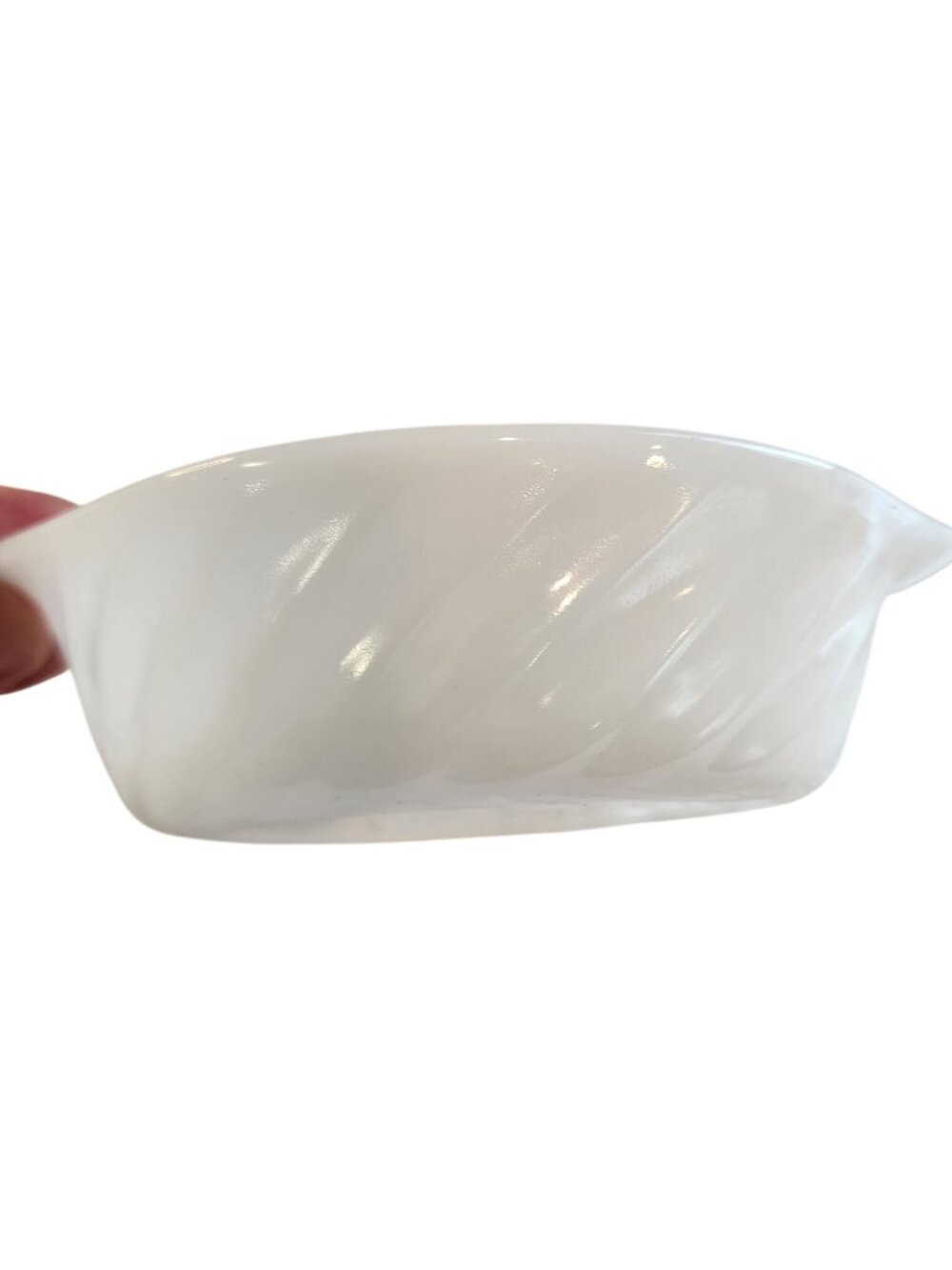 Vintage Fire King White Milk Glass Swirl Bowl Featuring a Distinct Tab Handle se